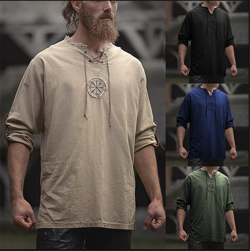 

Medieval Men's Tops Vintage Lace up Shirt Ancient Viking Embroidery Retro Cosplay Costume Long Sleeve T-shirt 4xl