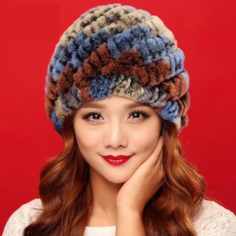 

2015winter Warm Fur Fashion Hat Mao Maozi Rex Rabbit Hair Hat Female Korean Pineapple Ear Cap Adult Women Novelty Patchwork