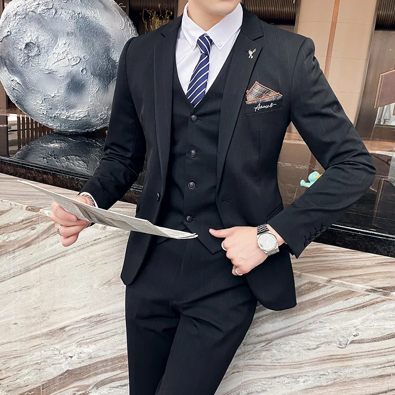 

(Jackets+Vest+Pants) 2021 Brand clothing Men's spring cotton slim business Blazers/Male Stripe Fashion A three-piece suit coat