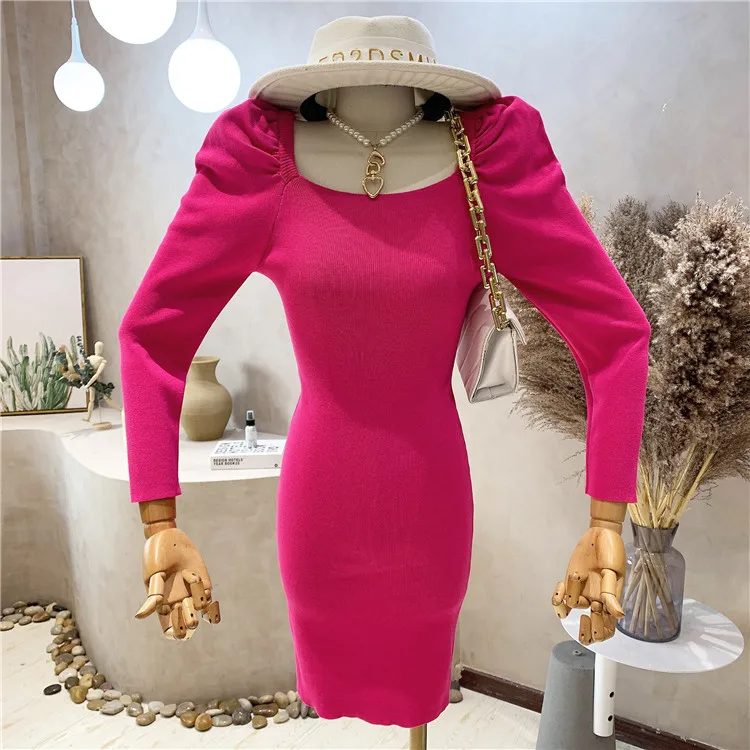 

Вязаная шерстяная юбка с длинным рукавом, новинка осень-зима 2021, Корейская версия, приталенное темпераментное модное нижнее платье