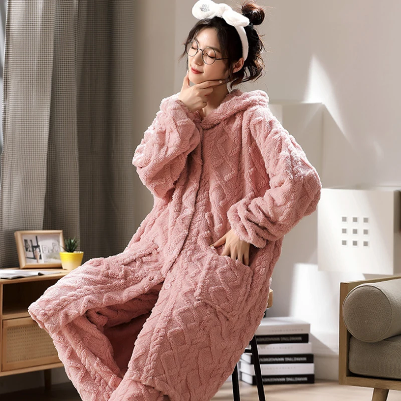 Nightgown Women's Mid-length Coral Velvet Warm Pajamas Sets Sleepwear Flannel Winter OuterwearHome Wear Clothing pijama mujer