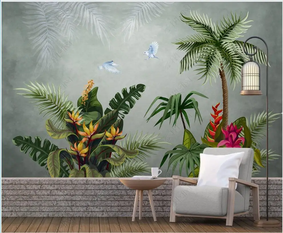 

3d photo wallpaper custom mural Hand painted tropical rainforest plants flowers and birds living room wallpaper for walls 3 d