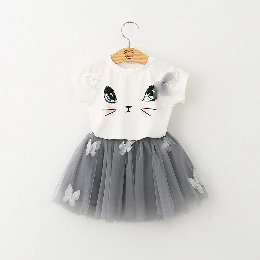 

Children Shorts Sets Kids Clothes Girls Meow Pattern Shorts Sleeves+Butterfly Skirt Two-Piece Suits Summer Girl Casual Outfits