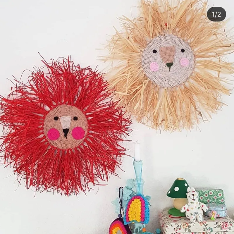 

INS Cartoon Lion Hanging Decorations Handmade Cotton Thread Weaving Animal Head Ornament Children's Room Wall Decor Photo Props