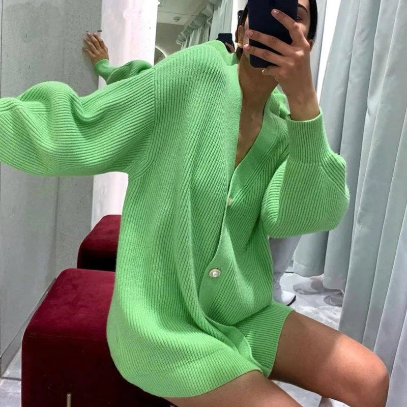 

MUICHES Casual V-Neck Single Breasted Sweater Woman Lantern Sleeve Pearl Button Solid Loose Cardigan 2021 New Fashion