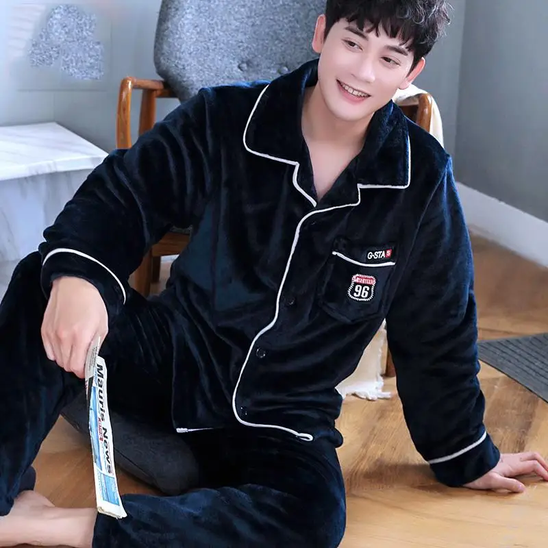 

Coral Fleece Male Pajamas Set Polyester Full Trousers Men 2Pcs/set Warm Thicken Flannel Autumn Winter Man Home Clothes Plus Size