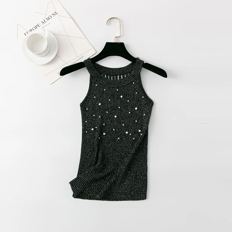 

GGRIGHT 2020 женский сексуальный облегающий трикотажный топ без рукавов, с жемчужинами и бисером, укороченный топ, майка, топ, камисоль, белый, роз...