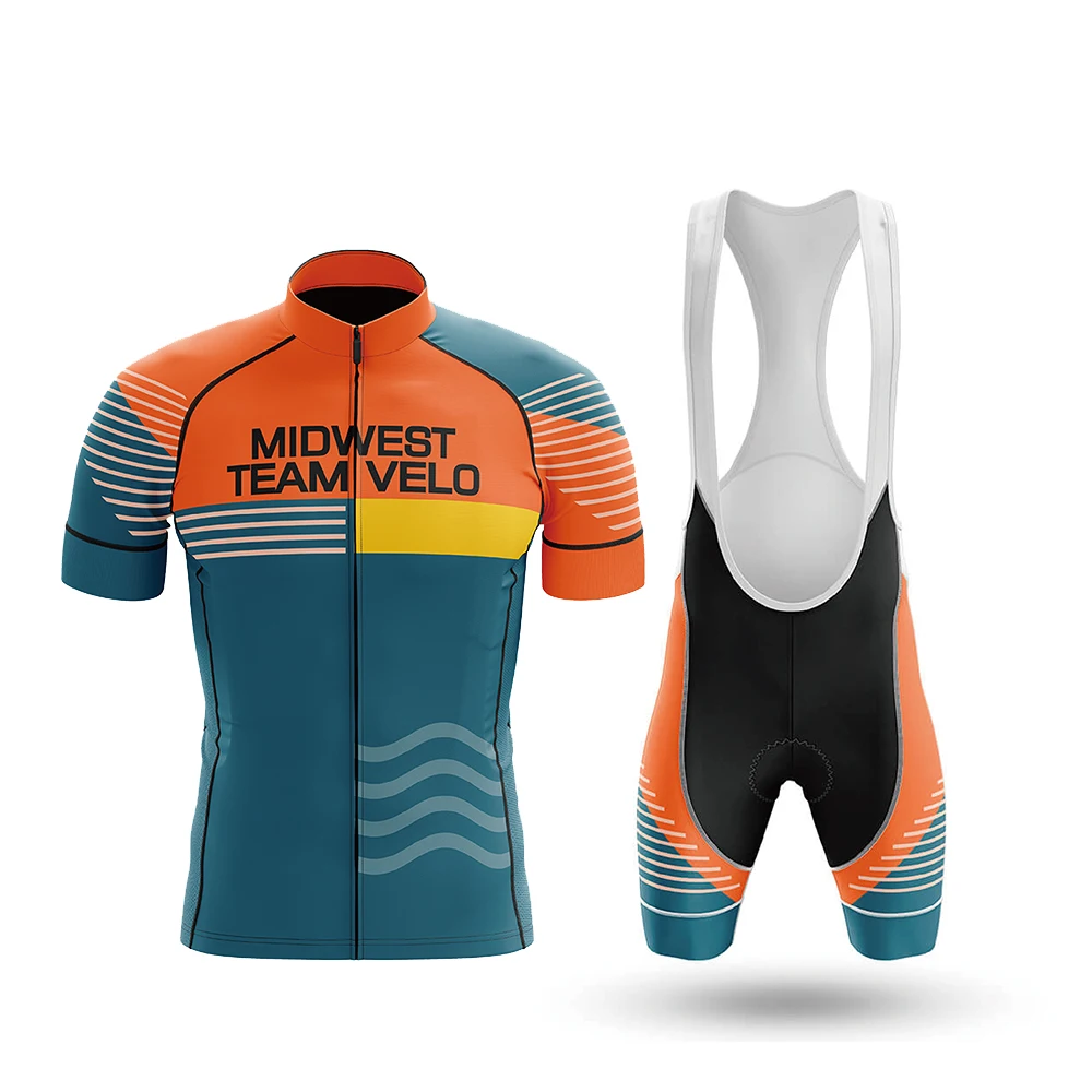 

2023 Keyiyuan 100% Polyester Elasticity Men's Orange Blue Double Spell Thin Bicycle Sports Bib Set