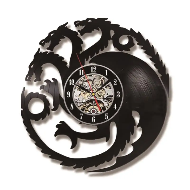 Fire Blood Game of Thrones Theme 3D Record Clock Hollow Round Dragon Shape Hanging Clock Antique Black Room Decor Wall Clock - Цвет: NO LED