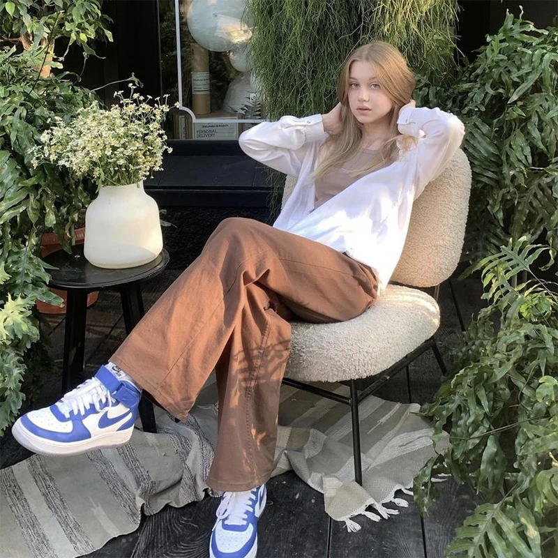 

Винтажные коричневые прямые брюки в стиле 90-х, шикарные женские свободные брюки-карго в стиле Харадзюку с высокой талией, повседневные Джог...