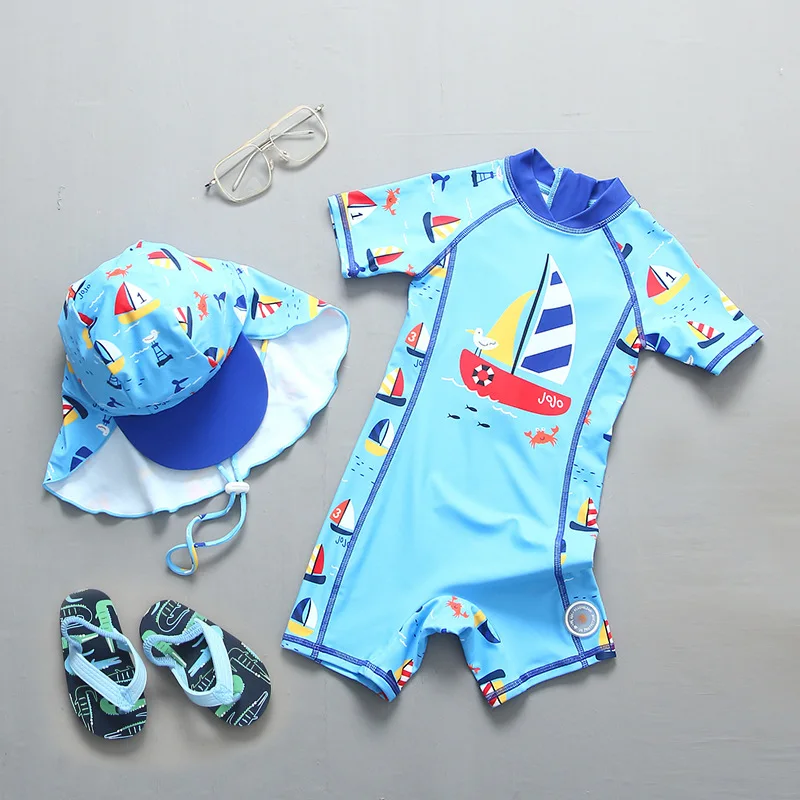 Children's Bathing Suit UPF50 UV Protection Baby Swimsuit Boy Cartoon Print Long Sleeve Boys Swimwear Summer Kids Beach Clothes