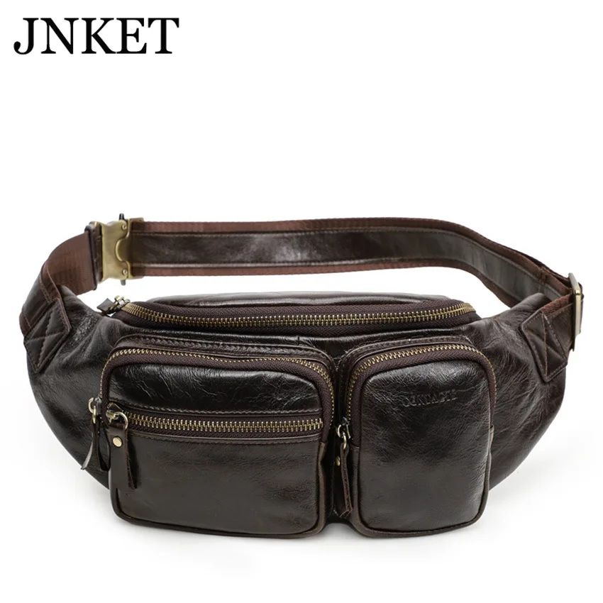 JNKET New Full Grain Cow Leather Shoulder Bag Fashion Men's  Cellphone Waist Bag Sports Crossbody Bag