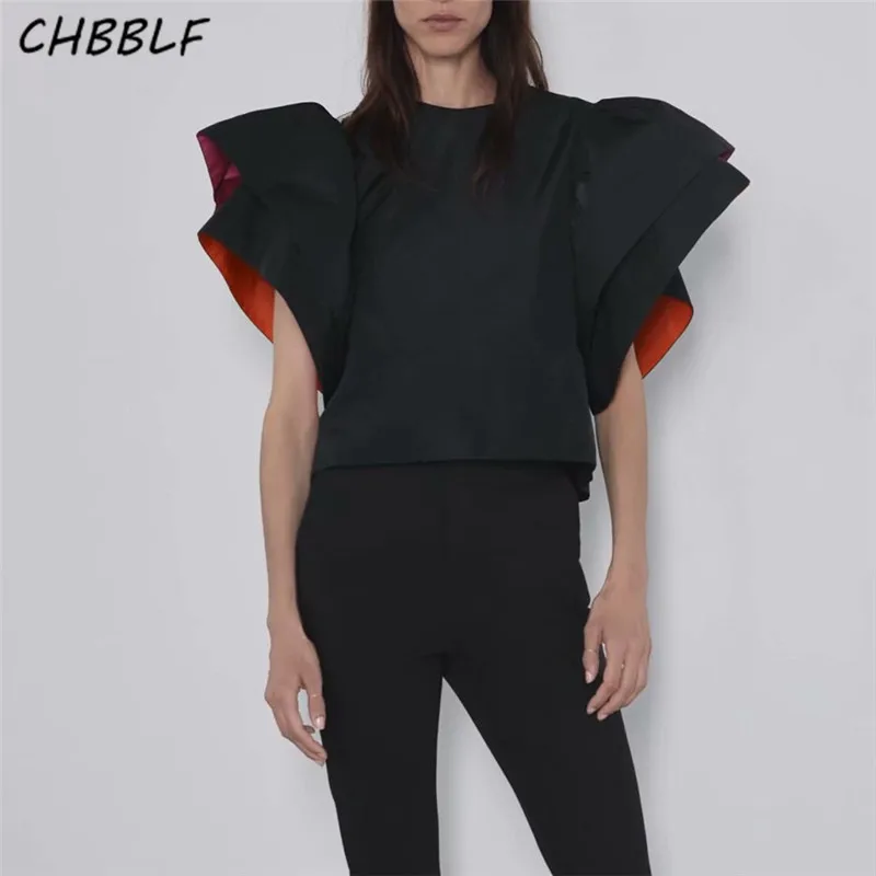 

CHBBLF women elegant short sleeve blouse double layered puff sleeve o neck shirt female stylish tops blusa BGB9465