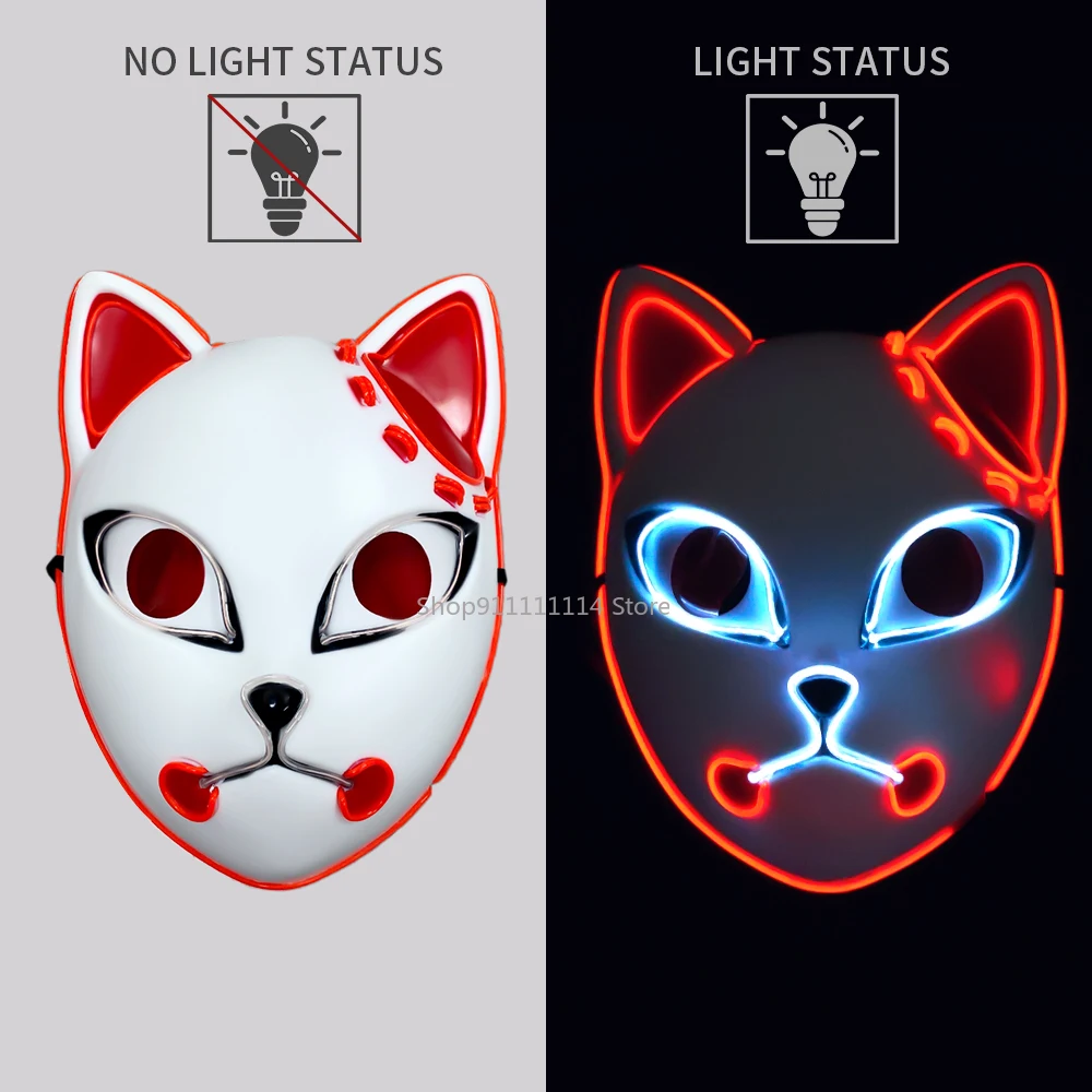 

Anime Demon Slayer LED Mask Tanjirou Fox Cat Face Mask Cosplay Sabito Kamado Makomo Cute Light Masks Halloween Party Gift Props