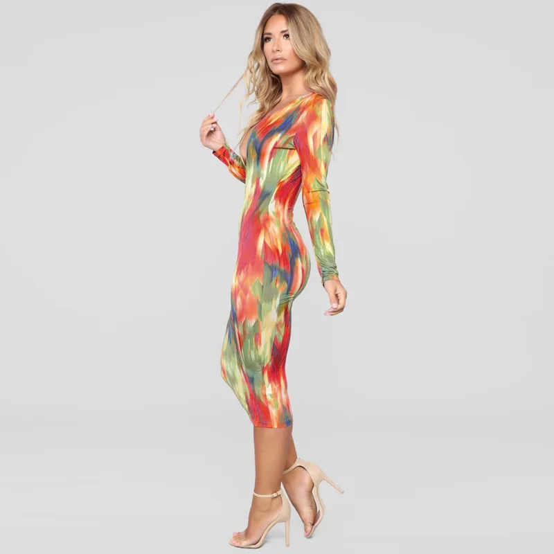 

Skennyee Tie Dye Midi Women Dress Long Sleeve Print Sexy Bodybuliding Dress Slim Bodycon Party Club Colorful Women Dress Outfits