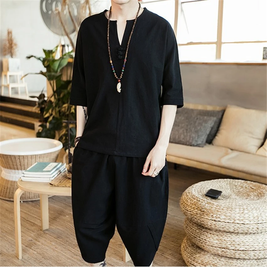 

2020 Man Linen Cotton Traditional Clothing Set Casual Summer Buckle Half Sleeve Tops Wide Leg Trousers Retro Kung Fu Shirts