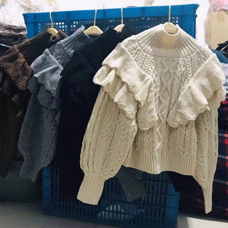 Осенне-зимние короткие женские вязаные пуловеры с высоким воротником свитер