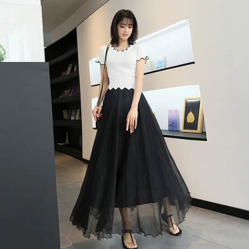 

Shiny Chiffon Skirts New Fashion Casual Women Elastic High Waist Maxi Skirts Female Boho A-line Pleated Ladies Party Long Skirt