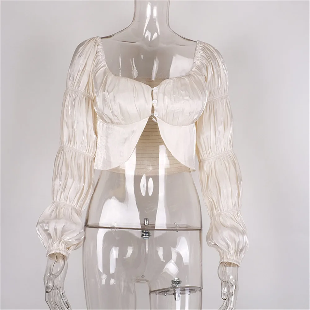 Сексуальная Женская атласная футболка с пышными рукавами топы осенние женские