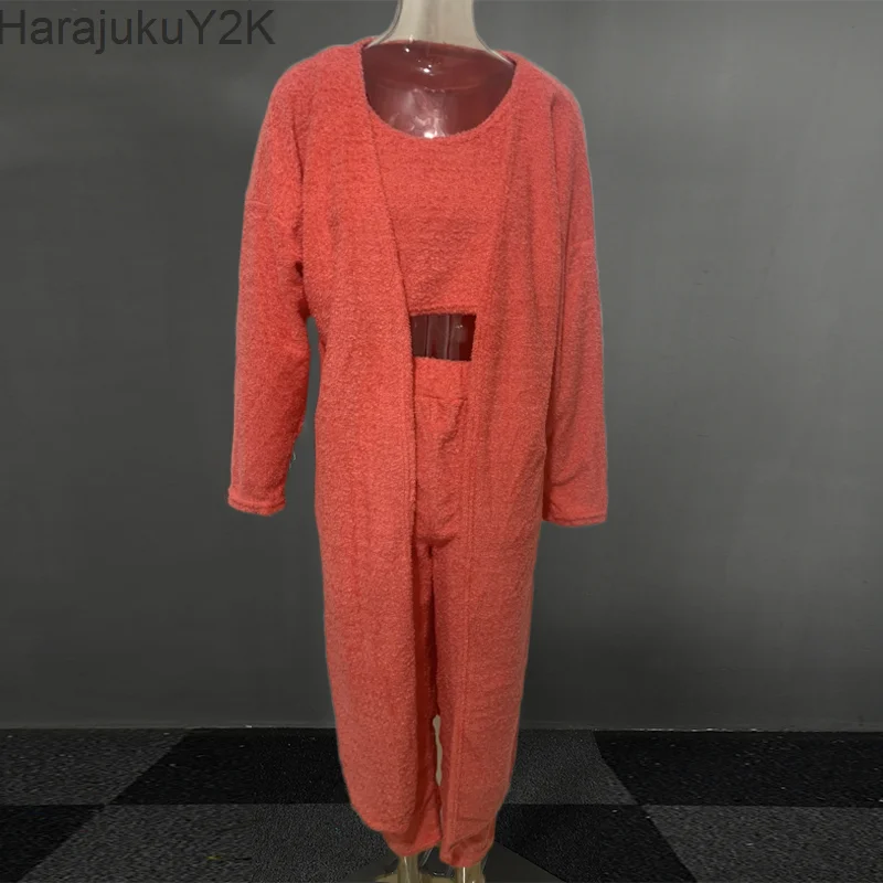 3 Piece Sets Sexy Lingerie Home Service Lounge Wear Set Women Tracksuits Fleece Pyjamas Female Nightwear New Cardigan Sleepwear