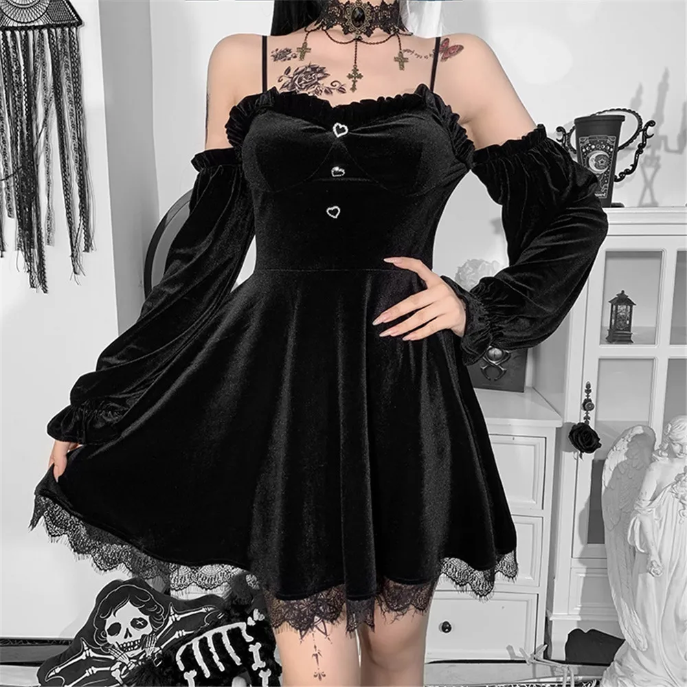 

Rosetic Women Gothic Sexy Dress 2021 Autumn Winter New High Waist Long Sleeve Fashion A Line Retro Off Shoulder Dresses 2022