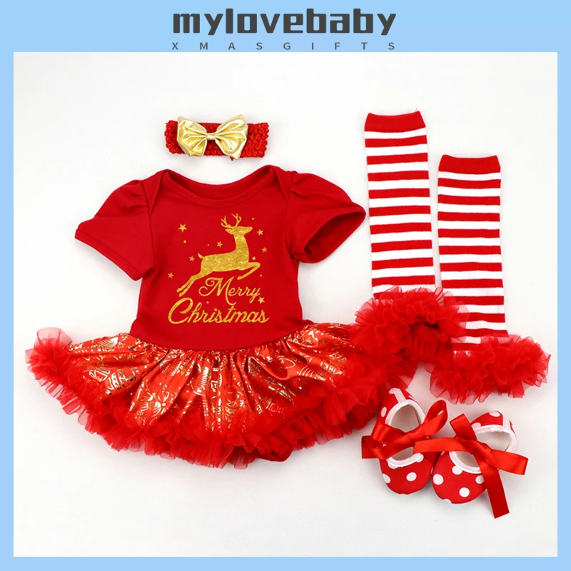 

Christmas Baby Girls Summer Dresses Clothes 4pcs Red Deer Short-Sleeved Romper Babe Newborn Tutu Skirt Jumpsuit Infant Outfits