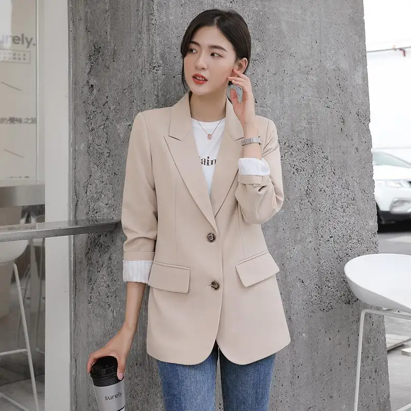

Peonfly New 2021 Autumn Fashion Blazer Jacket Women Casual Korean Pockets Long Sleeve Coat Office Ladies Solid Loose Blazer