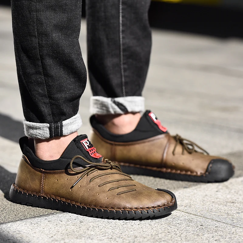 Мужские кожаные туфли ручной работы винтажные лоферы плоская подошва Мокасины