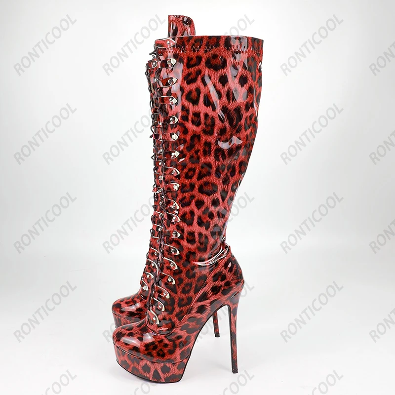 Ronticool Женские зимние сапоги до колена с леопардовым узором на тонком каблуке