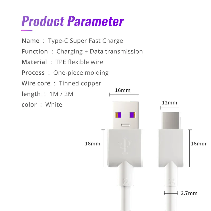 

USB Cable 5A Super Fast Charging For Huawei Android Mobile Phone Data Cable for Huawei PD Charger Type-C Data Line Charging