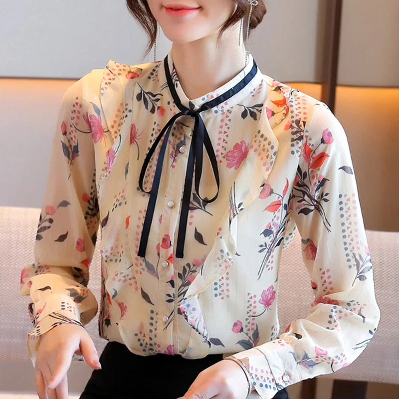 

Blouse Women 2021 Blusas Mujer Long Sleeve Women Blouses Shirts Stand Collar Print Chiffon Blouse Shirt Women Tops Blusa D443