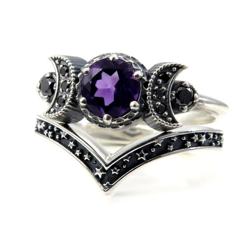 Women's fashion moon goddess set silver and black diamond engagement ring Amethyst or red crystal wedding ring