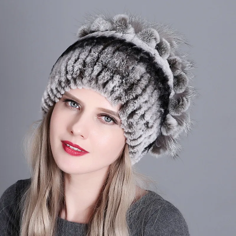 

Flowers Striped Fur Beanies Fashion Girls Thick Casual Hats Winter Autumn Women Hat Knitted Real Rabbit Fur Caps with Fox Fur