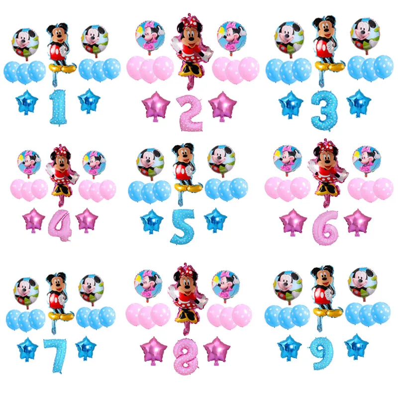 1 Set Disney Mickey Minnie Mouse Balloons Birthday Party Decor Girls Boys Baby Shower Kids Toys Globos Pink Blue Numbers Balloon