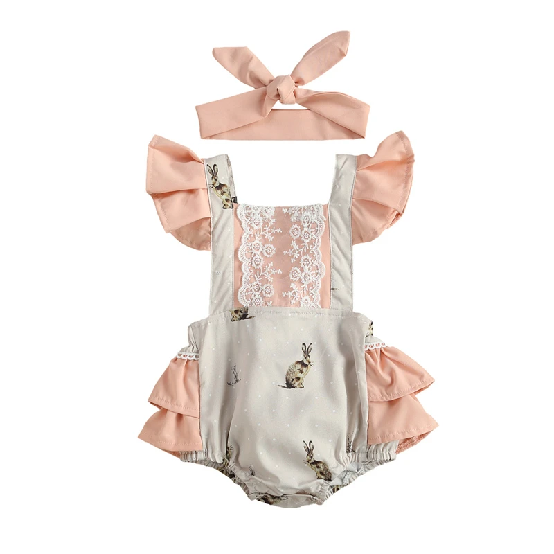 

Baby Girls Bodysuits 2Pcs Ruffles Fly Sleeve Jumpsuits Cute Rabbit Printing Bow Bandage Romper and Headband Cotton Clothing