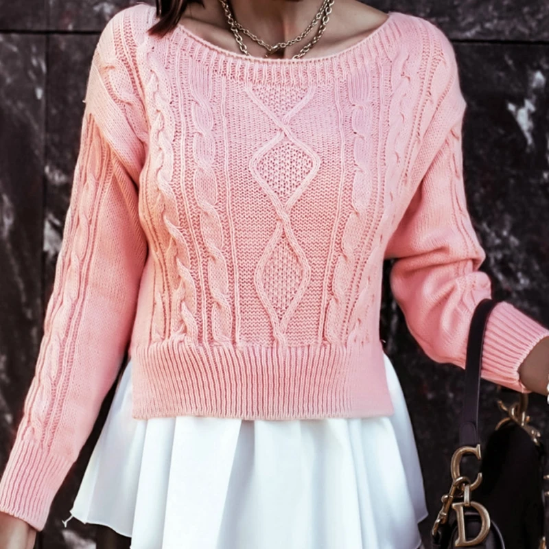

Women Autumn Long Sleeve Twist Cable Knit Sweater Flared Ruffles Hem Patchwork Pullover Top Casual Loose Crew Neck Jumper Shirt