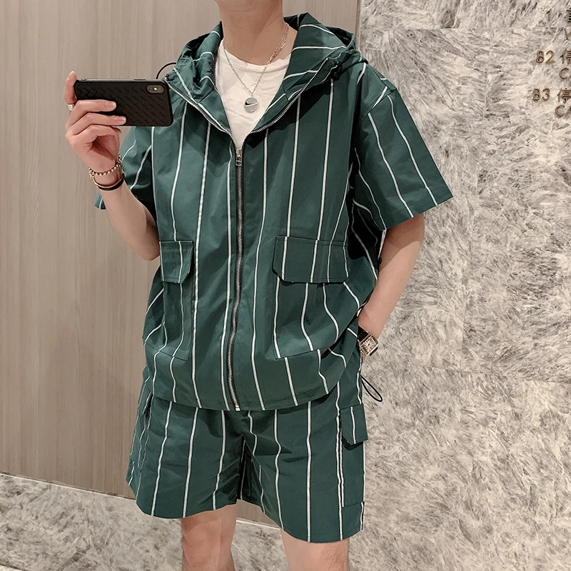 Корейский Летний мужской короткий комплект мода 2021 тонкая мужская рубашка с