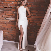 simple wedding dress sleeveless halter neck backless sexy front split robe de mariee custom made white ivory satin bridal dress