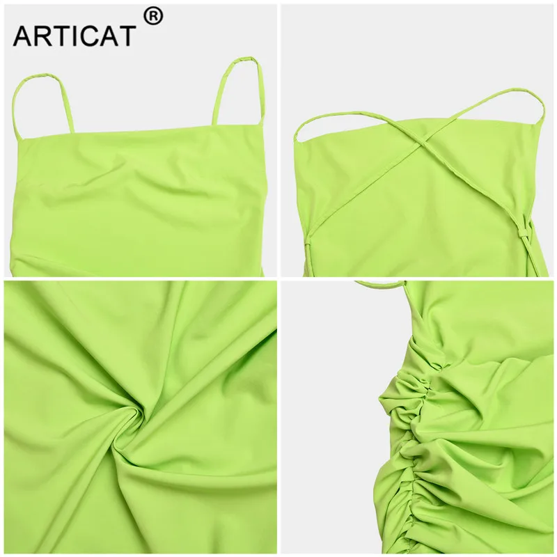 

Articat Casual Ruched Backless Dress For Women Spaghetti Strap Sexy Solid Streetwear Female Bandage Dresses Beach Vestidos