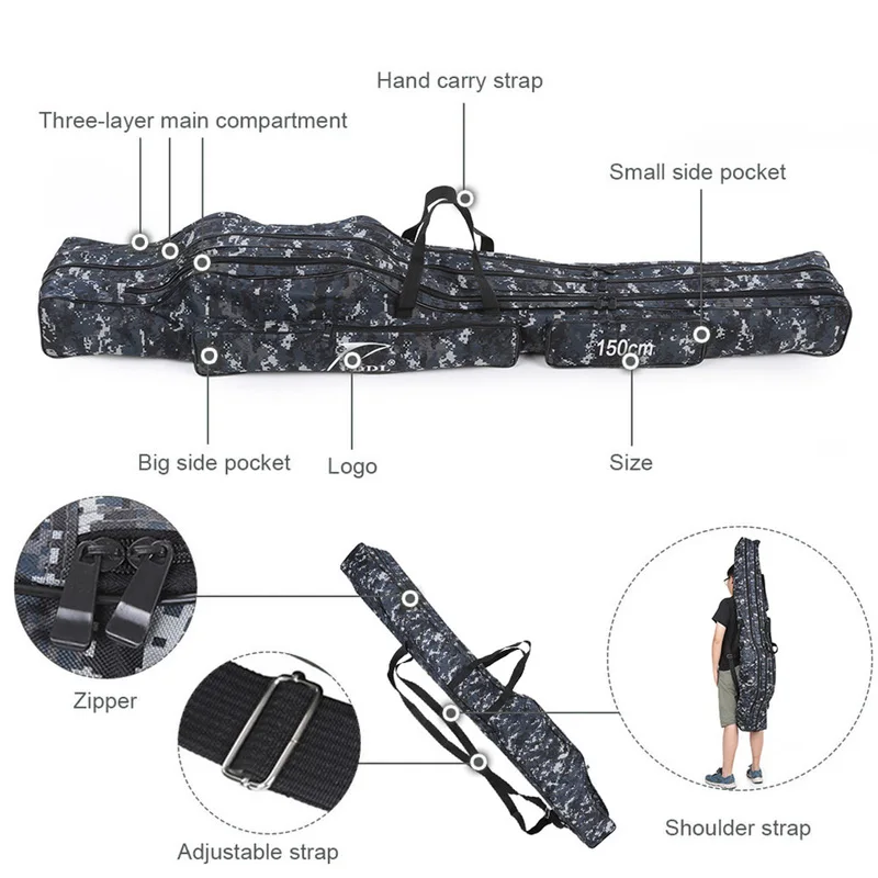 

150cm Fishing Rod Bag Canvas Foldable Rods Reel Multi-porpose Fishings Tackle 3 Layers Green/Camouflage Backpack Gear for Fish