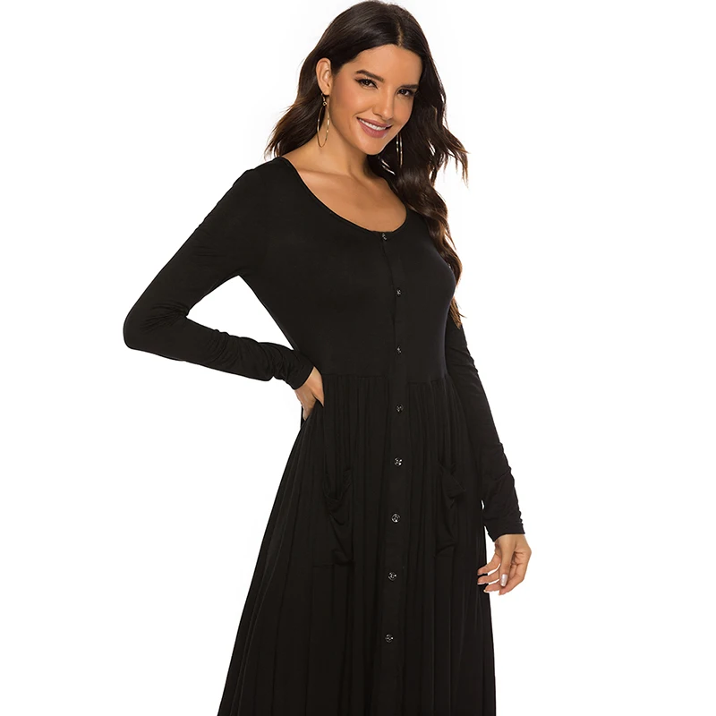 

2020 Fashion Ladies Autumn Dress Long Elegant Solid A Line Casual Long Sleeved Dress Button O Neck Female Dress