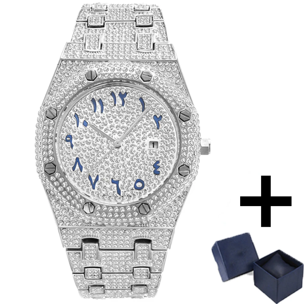 

Hip Hop MISSFOX Full Diamond Silver Man Watch Punk Classic Brand Watches Men Fashion Arabic AAA Quartz Luxury Clocks Masculino