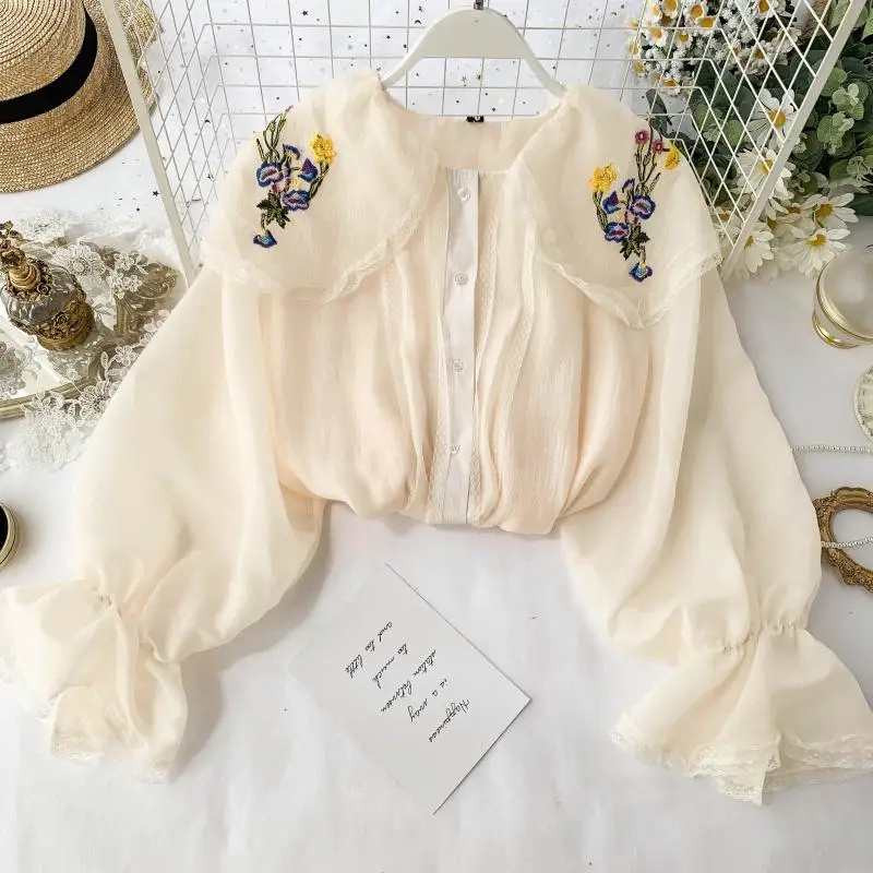 

2020 Women Flower embroidery preppy style Blouse Shirt Clothes Long Sleeve Blouses puff sleeve Top Gothic Shirts Tops