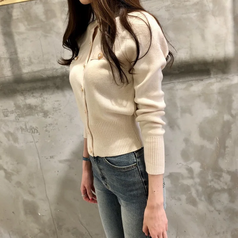 Кардиган женский трикотажный однобортный в стиле ретро с длинным рукавом и