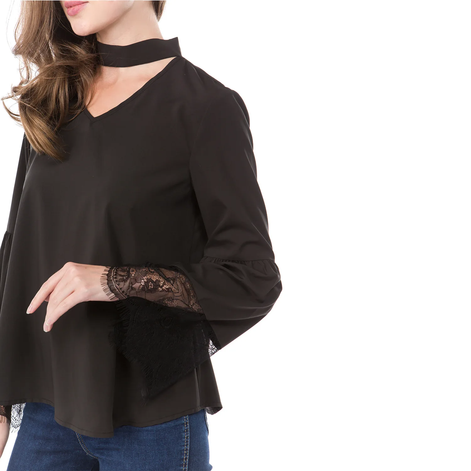 

2021 Trend Solid Folds Plus Size Tops Mujer V-neck Loose Waist Woman Tshirts Feminina Lace Flare Long Sleeve Shirts for Women