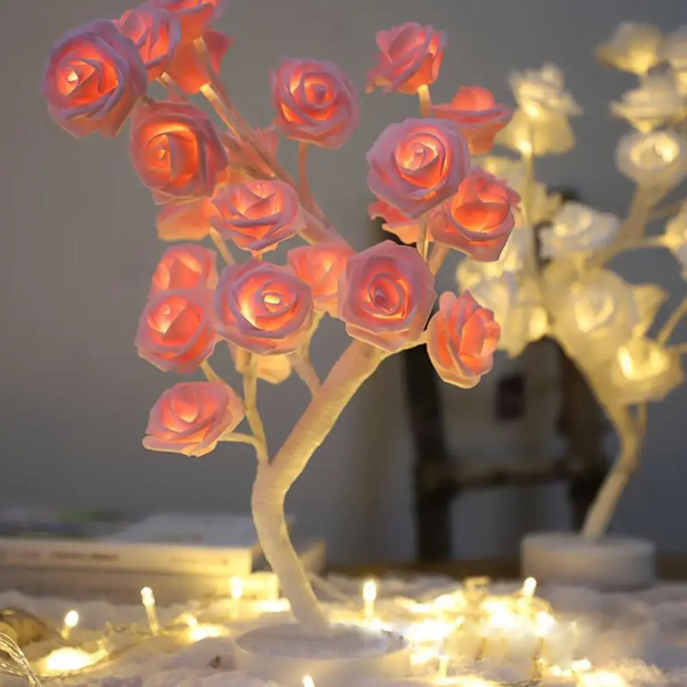 

24LED Battery Box Rose Bedroom Table Lamp Decorative Light for Nightstand Durable Wedding Party Festival Warm White Romantic