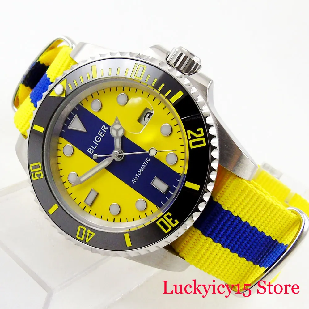 Мужские часы с автоподзаводом BLIGER желтые сапфировым стеклом и индикатором даты 40
