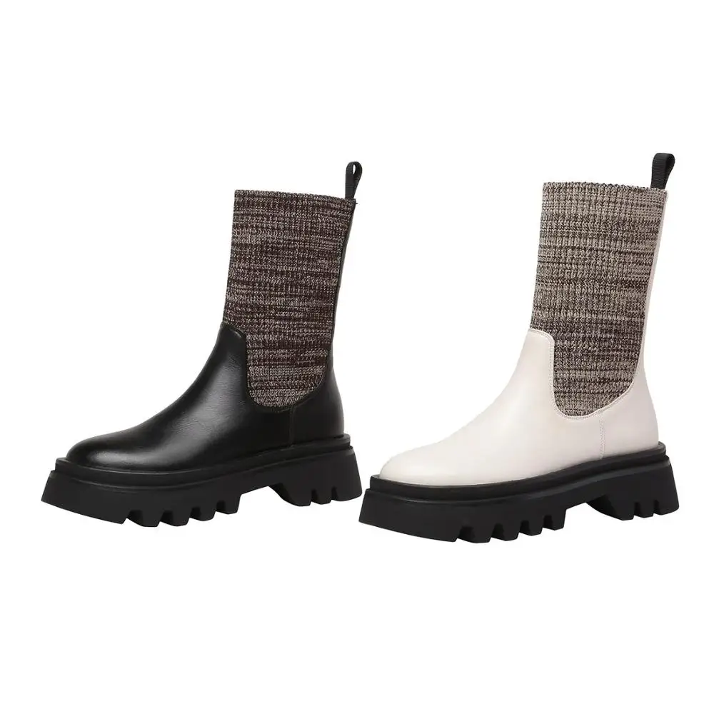 

Vichelo Hot knitting boots real cow leather platform mixed colors round toe thick high heel slip on gorgeous mid-calf boots L67