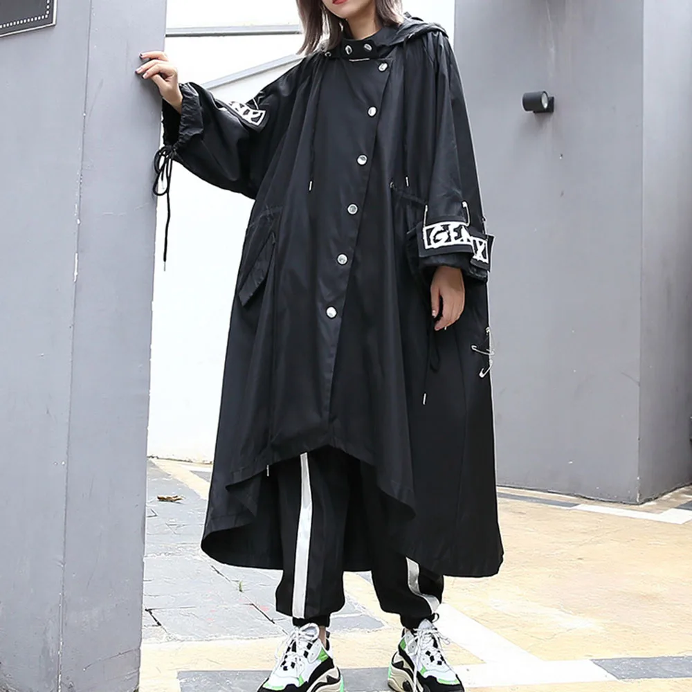 Корейский панк Длинный свободный черный плащ женское пальто с рукавом летучая