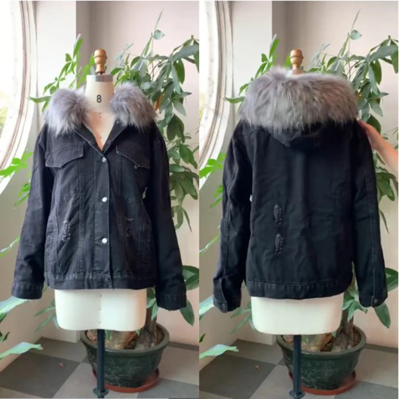 

denim jacket women with Faux Fur Winter Coat Hooded Casual Female Oversized Jean Jackets Fashion Warm Thick Autumn Outwear